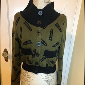 Vintage Betsey Johnson Gun and Gunshell Green Cropped Sweater Cardigan